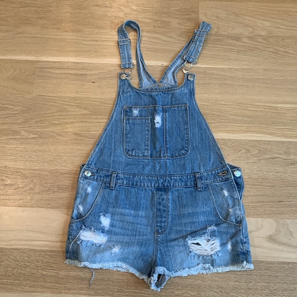 Zara girls denim jean overalls shorts summer distressed raw hem - Picture 4 of 5